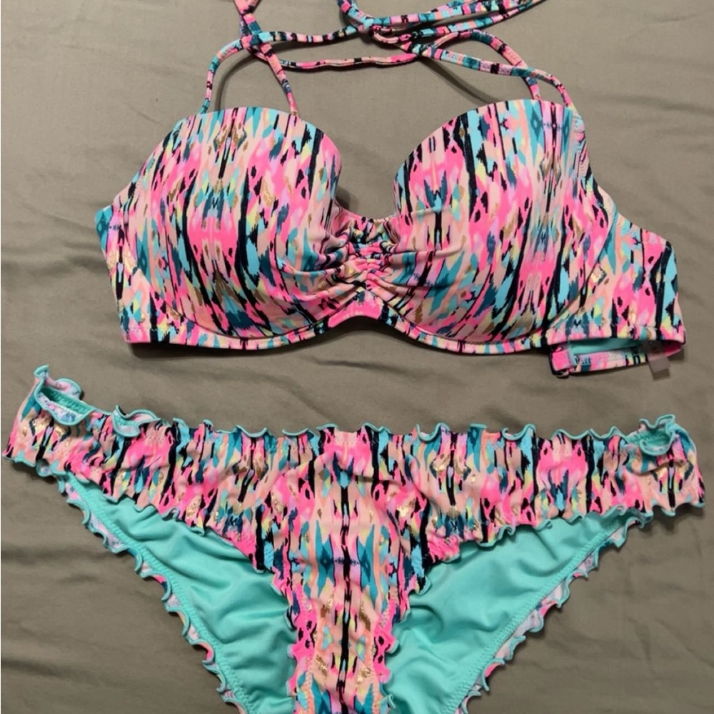 Colorful Ruched Bikini Set - Pink & Aqua Print